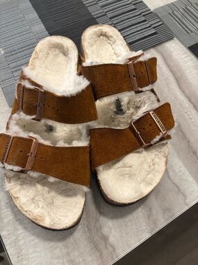 Birkenstock Chestnut Suede Shearling Two-Strap Sandals